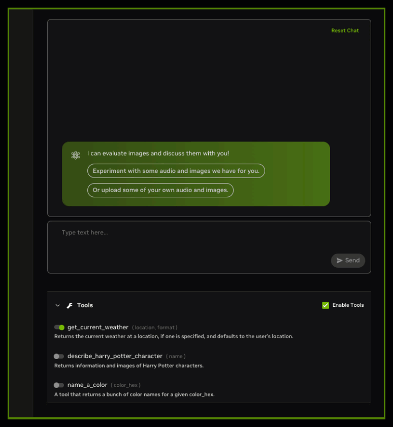 The GIF shows the steps of using the NVIDIA Phi NIM in a chat window with a Tools box underneath that enables a prebuilt agent titled “get_current_weather”. This prebuilt agent returns information from a live weather service. The user types, “What is the weather in Houston, TX?” and sees a customized tools response box with JSON for the tool call, which then returns weather and humidity information.