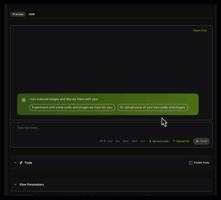 The GIF shows the steps of uploading an image to use Phi for visual QA. An image of a dog and a chat is uploaded and the user asks for a description. The chat window states “There is a cat and a dog”. The user scrolls down to see which parameters such as temperature are editable. The user scrolls down more to find the generated Python code.