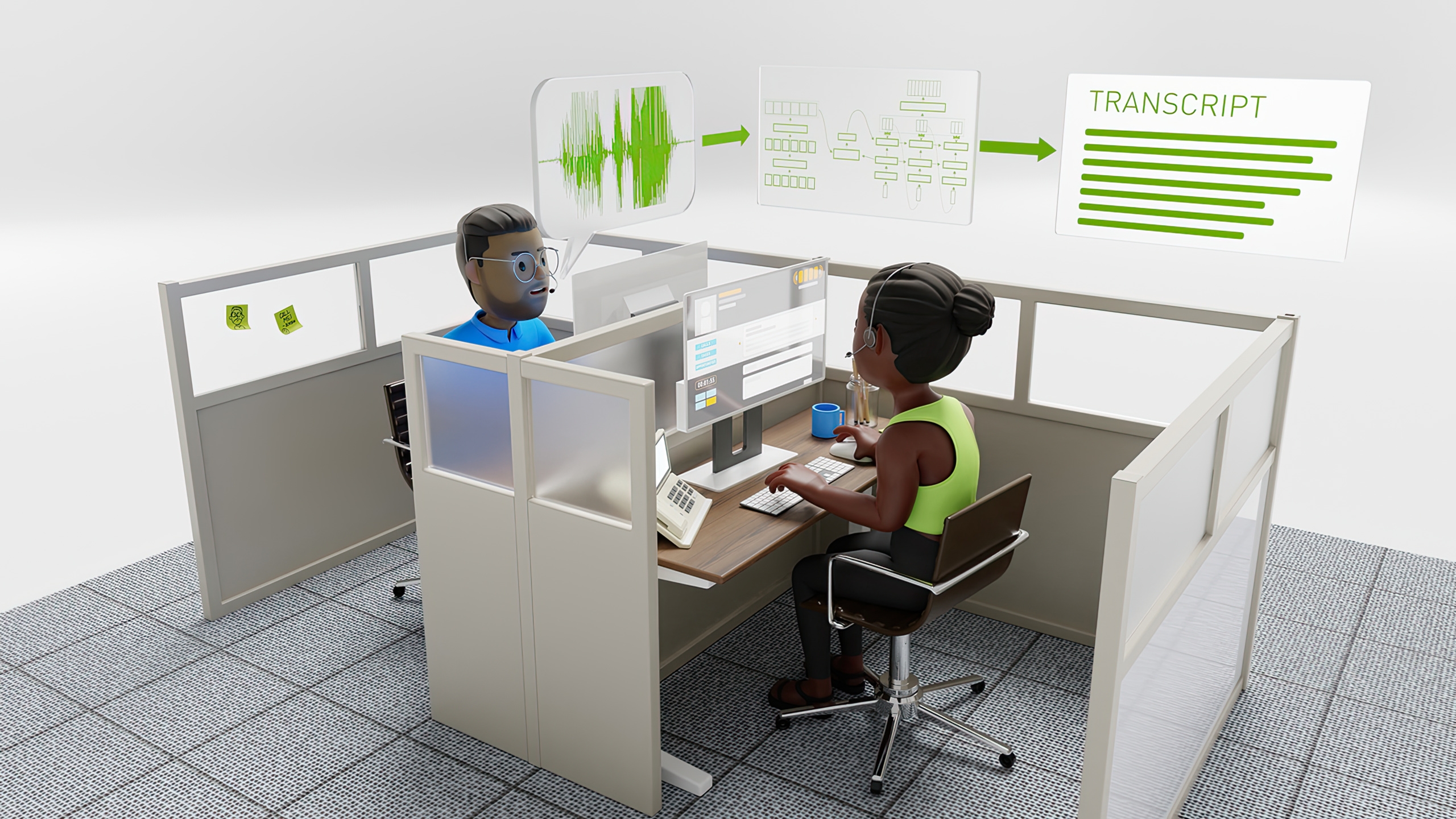 Two animated avatars using conversational AI technologies at the workplace