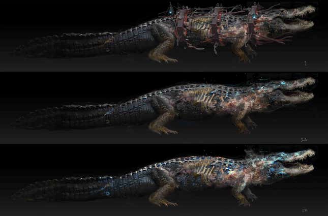 Concept art shows Rotjaw standing in front of a black background with glowing blue eyes.