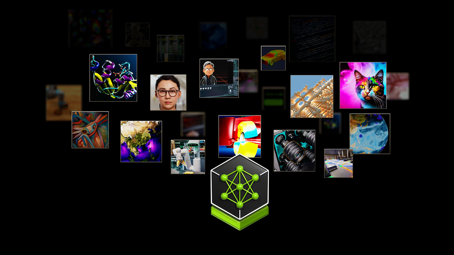 A collage images related to NVIDIA NIM, a set of generative AI microservices for developers