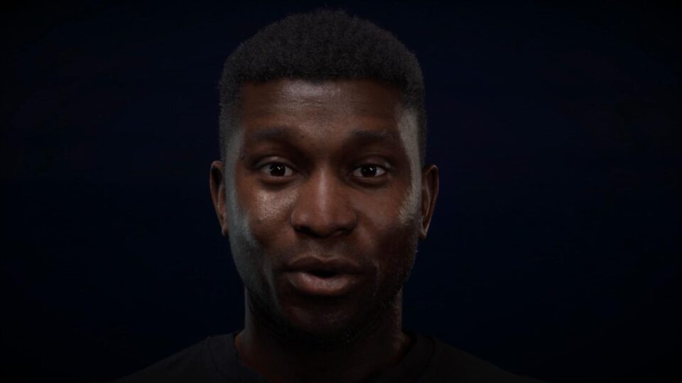 A character face on a black background.