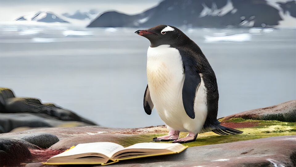 A picture of a penguin next to an open book.