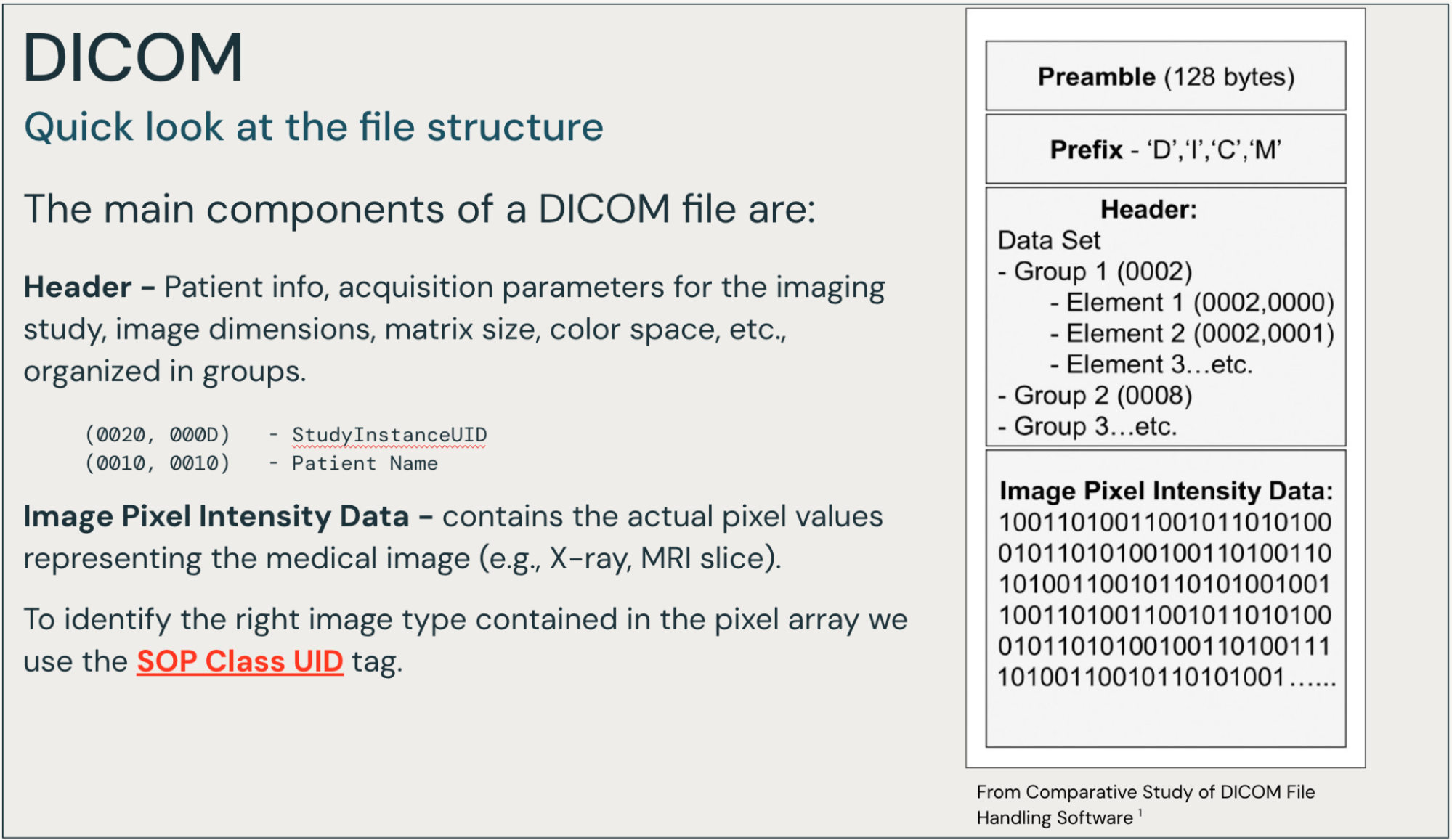 Graphic titled ‘DICOM: Quick look at the file structure’ explaining the main components of a DICOM file, including 1) Header containing patient info, data acquisition parameters for the imaging study, image dimensions, matrix size, color space, organized into groups.
