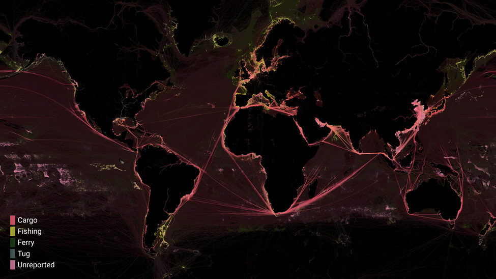 a map of the world which satellite information of ocean vessels.