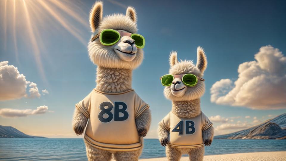 A larger and smaller cartoon llama on a sunny beach, wearing shirts that say 8B and 4B.