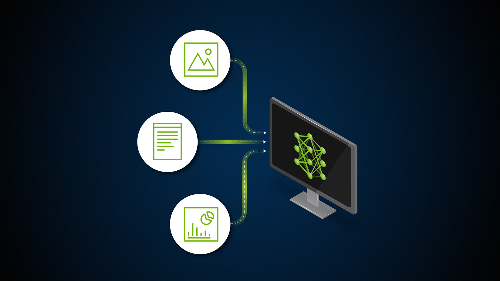 Three icons leading to a computer monitor.