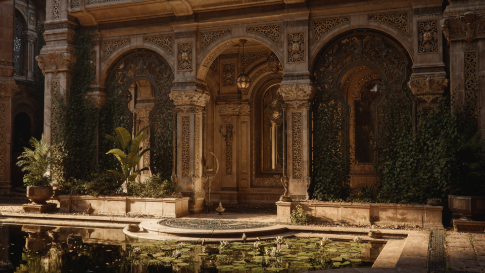 An image of a building with ornate columns and greenery at night, with lighting.